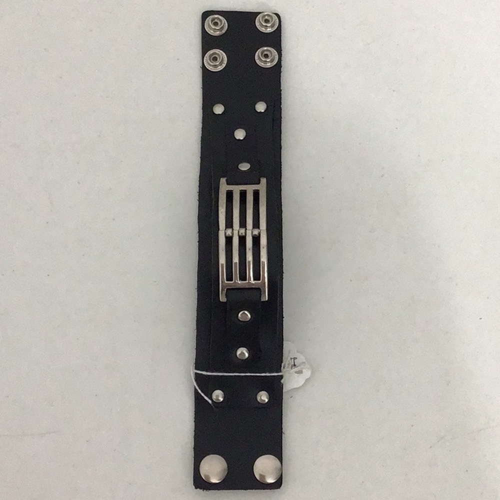 Black leather & stainless steel snap on bracelet.